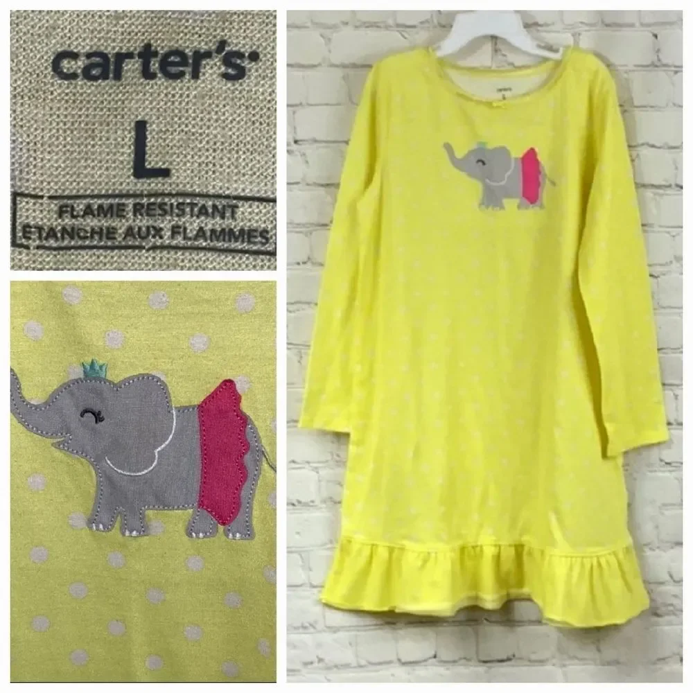 Carter's Elephant Nightgown Girls L 10 12 Yellow Polka Dot Ruffle Sleep Gown Pjs